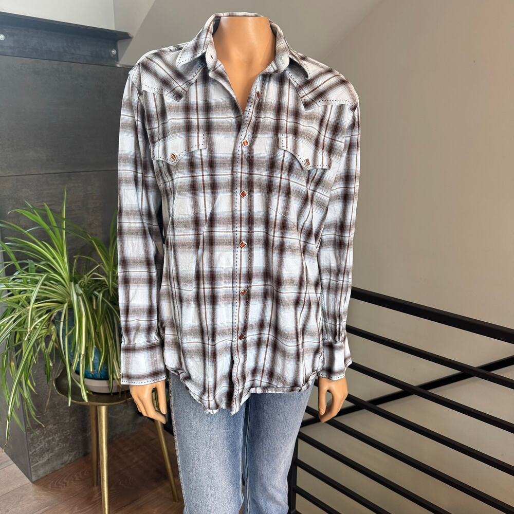 Vintage Brooks & Dunn Panhandle Slim Pearl Snap Western Shirt Mens M Plaid Brown